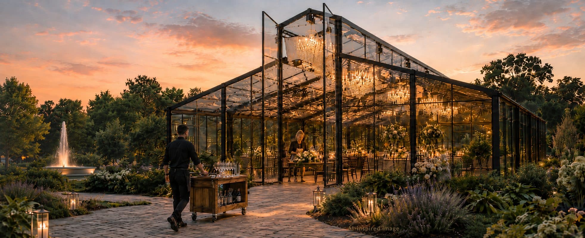 Glass Pavilion, glowing with chandeliers at dusk while an outside bartender wheels a bar cart in, at a Houston-area open vendor wedding venue