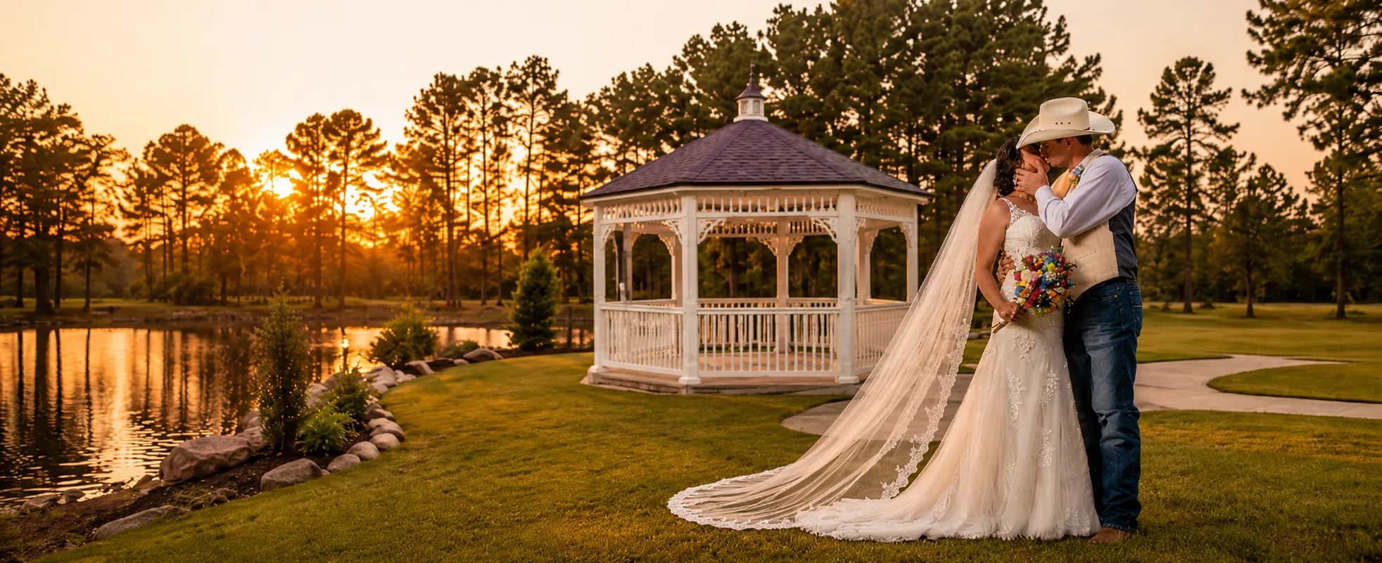 Bride and groom kissing beside a white gazebo at the edge of a lake during golden hour, framed by tall pines, at a Texas wedding venue with no photographer restrictions